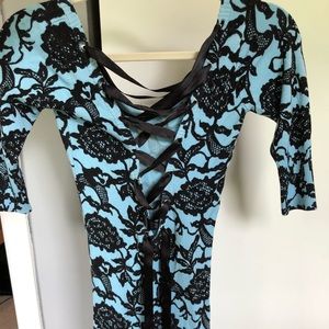 Blue Floral Fitted Sweater Dress with Lace Ribbon